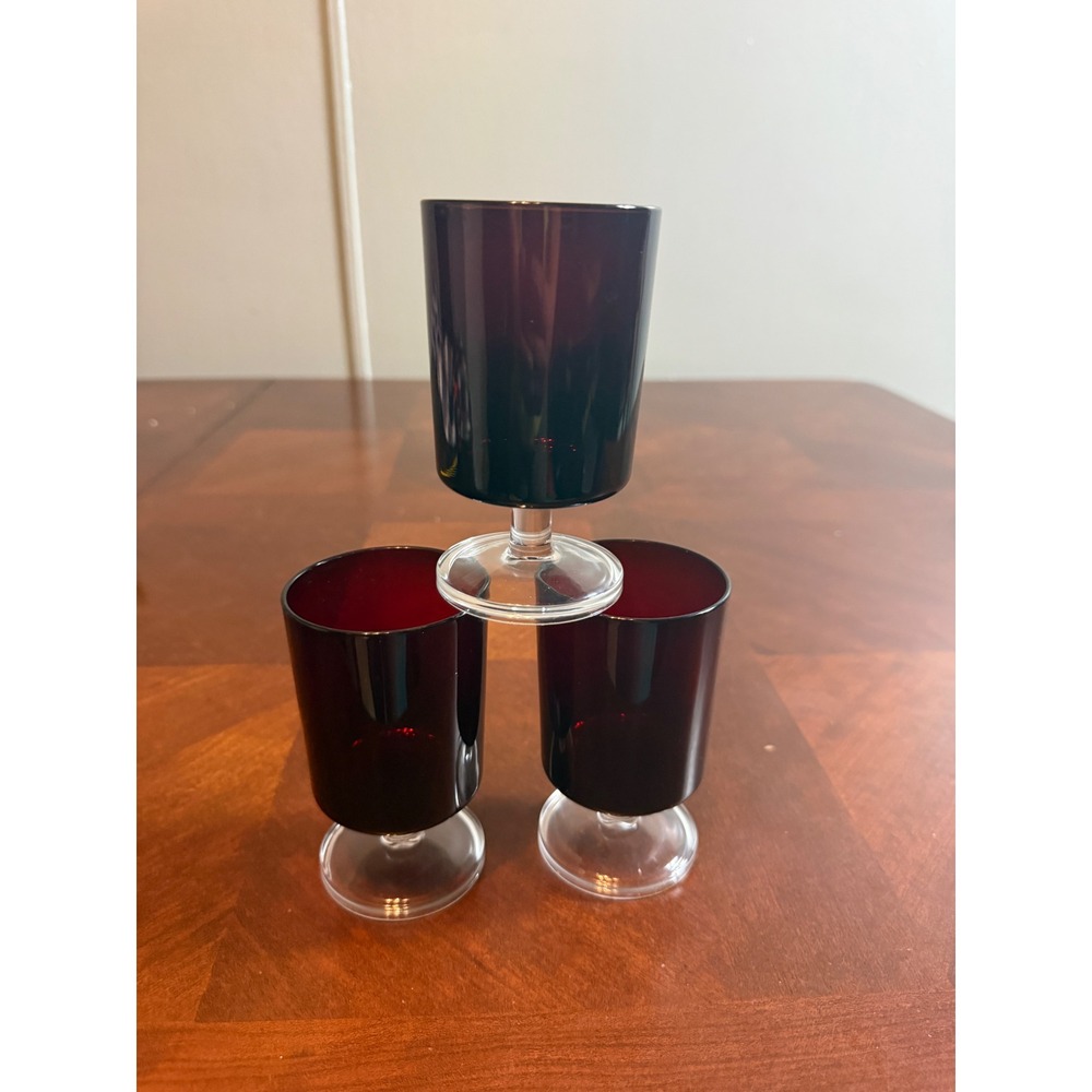 Vintage French Ruby Red Cordial Glasses Set of 3 Gothic‎ Halloween Barware MCM